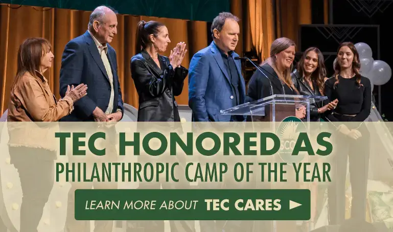 TEC Cares banner highlighting community values at Trails End Camp
