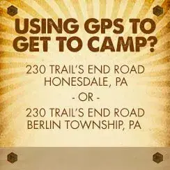 Button linking to GPS address for Trails End Camp in Beach Lake, PA
