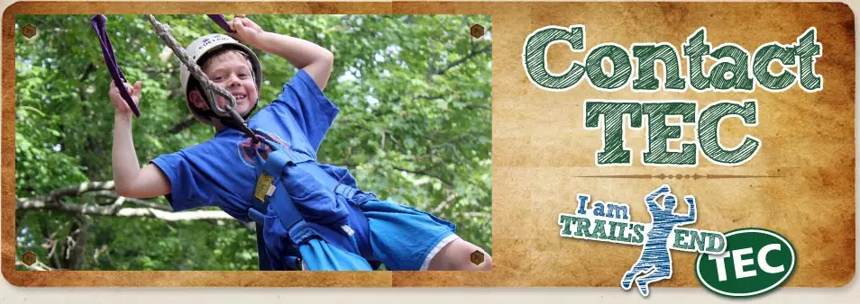 Contact TEC header image featuring a camper on the ropes course at Trails End Camp in Beach Lake, PA