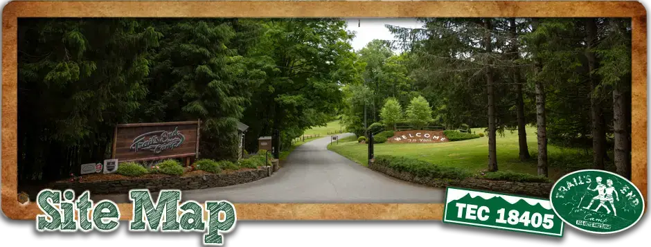 Site map graphic showing the entrance road and welcome signage at Trails End Camp in Beach Lake, PA