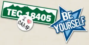 Layered sticker graphic representing camp identity at Trails End Camp
