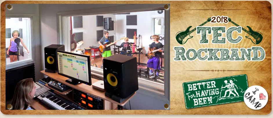 TEC Rockband 2018 campers performing and recording music at Trails End Camp in Beach Lake, PA
