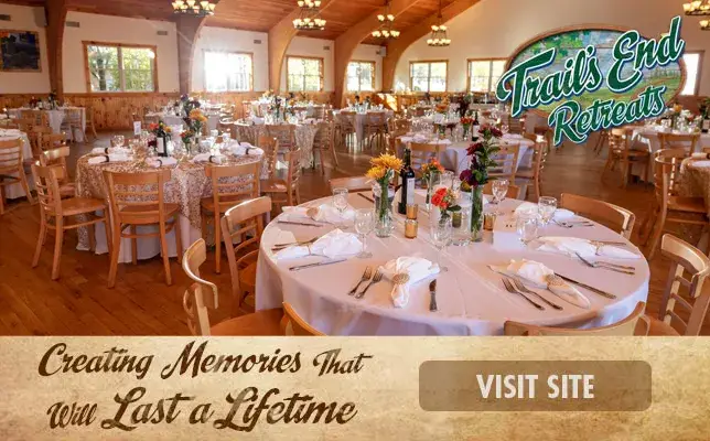 Mobile view of the Trails End Retreats banquet hall prepared for an event at Trails End Camp in Beach Lake, PA