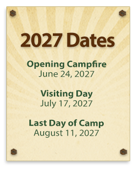 2027 Trails' End Camp key dates including Opening Campfire on June 24, Visiting Day on July 17, and the Last Day of Camp on August 11.